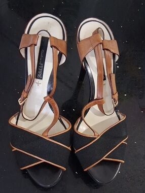Gianfranco Ferre Black and Brown Leather-Strap High Heel Sandals